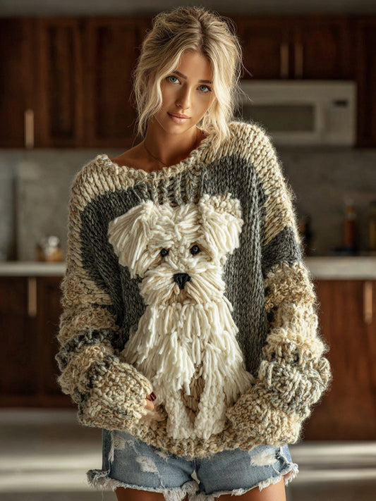 Vintage Yarn Dog Felt Art Inspired Embroidered Cozy Knit Sweater