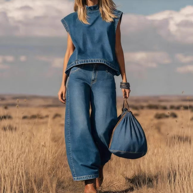 Retro Western-inspired Sleeveless Relaxed-fit Top Paired With High-waisted Wide-leg Jeans