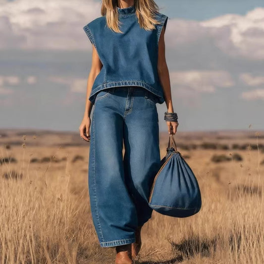 Retro Western-inspired Sleeveless Relaxed-fit Top Paired With High-waisted Wide-leg Jeans
