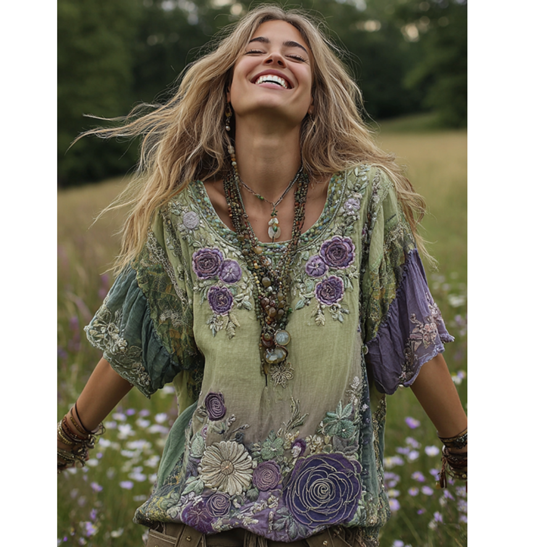 Classy Gradient Purple Lavender And Floral Embroidered Linen Short Sleeve T-shirt 2a25