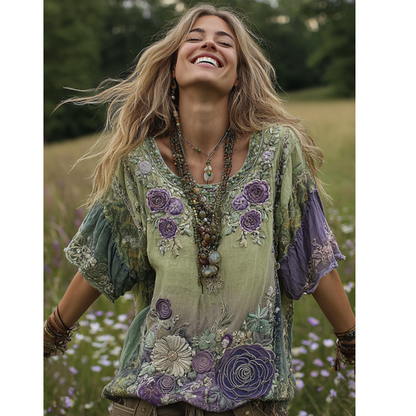 Classy Gradient Purple Lavender And Floral Embroidered Linen Short Sleeve T-shirt 2a25
