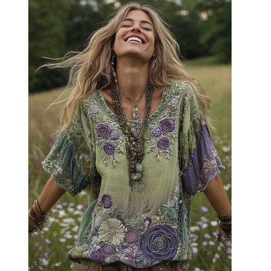 Classy Gradient Purple Lavender And Floral Embroidered Linen Short Sleeve T-shirt 2a25