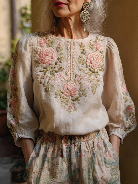 Women's Vintage Pink Floral Design Cotton And Linen Blend Shirt