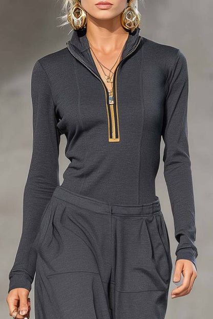 Dark Gray Half-high Collar Zipper Top + Wide Pants Set