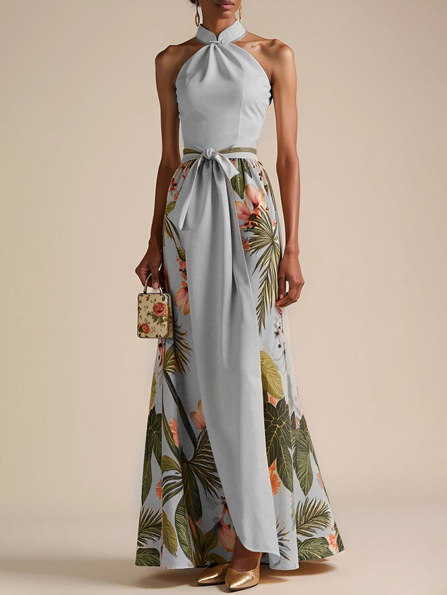 Beige Bow Satin Halter Floral Sleeveless A-Line Maxi Dress
