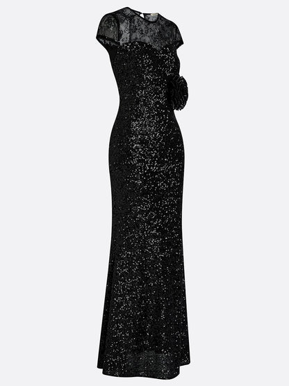 Black 3D Floral Lace Sequin Crew Neck Short Sleeve Sheath Maxi Dress