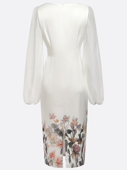 White Mesh Floral V Neck Balloon Sleeve Sheath Midi Satin Dress