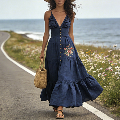 Cotton Linen Embroidered Maxi Dress With V-Neck And Tiered Skirt For Women