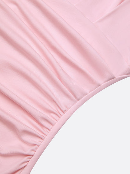 Pink Ruched Peplum Knit Deep V Neck Sleeveless Bodycon Midi Dress