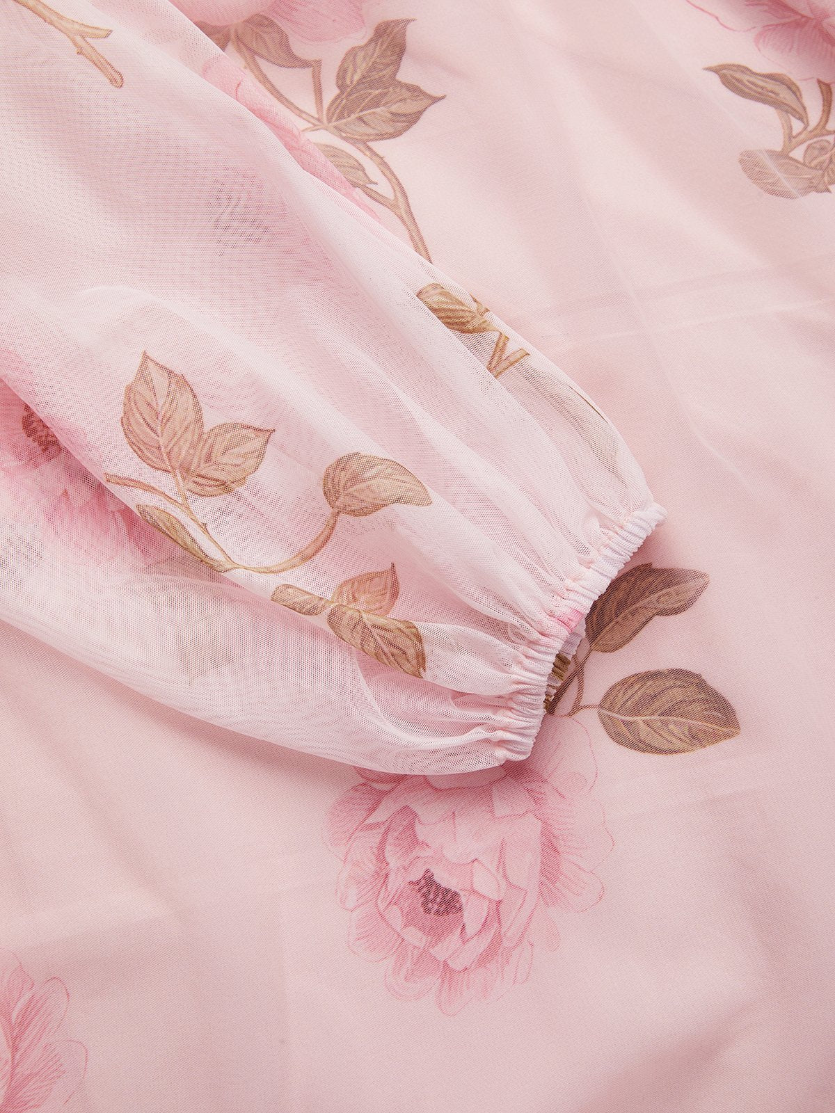 Pink Floral Tulle V Neck Long Sleeve Balloon Sleeve A-Line Midi Dress