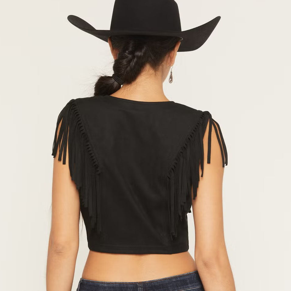 Faux Suede Fringe Sleeveless Crop Top With Embroidery And Button Closure
