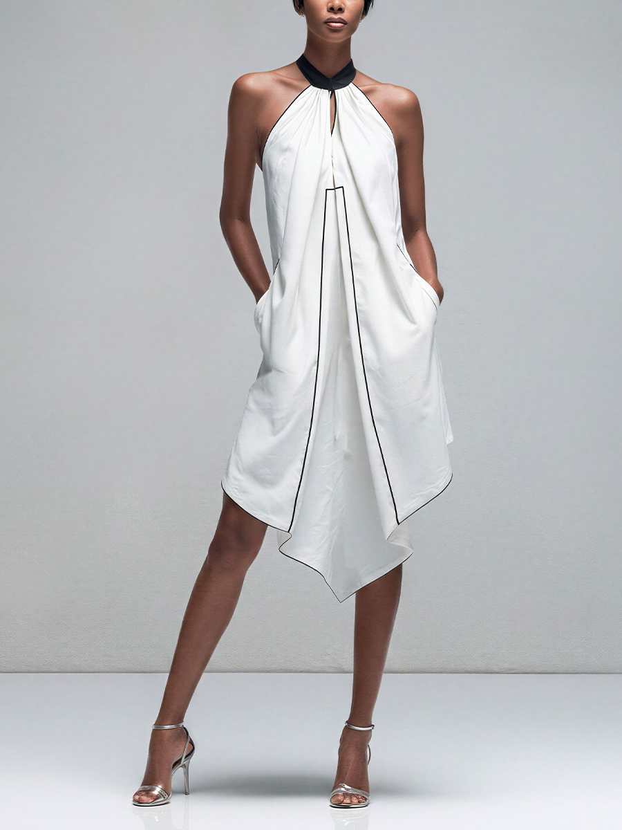 Women’s White Cotton Blend Halter Neck Asymmetrical Tunic Top With Black Contrast Piping MDZ2704D0T