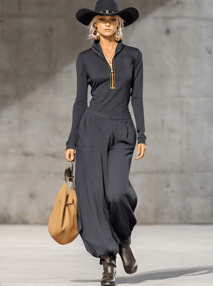Casual Retro Sports Dark Gray Half-high Collar Front Zipper Long-sleeved Top And Wide Pants Set