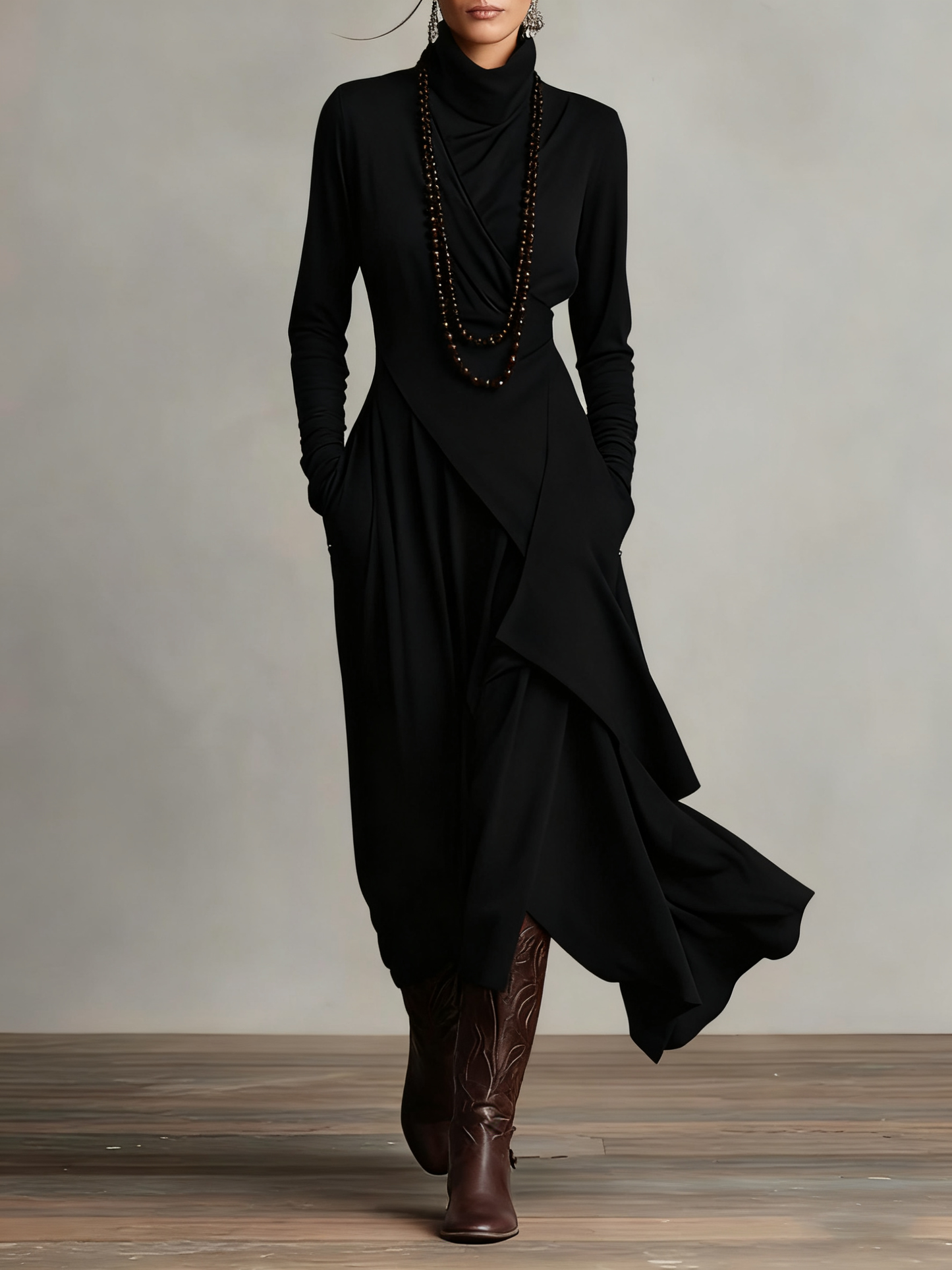 Purple High-neck Asymmetrical Pleated Maxi Dress(Necklace not included)