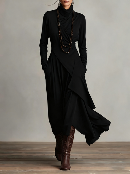 Purple High-neck Asymmetrical Pleated Maxi Dress(Necklace not included)