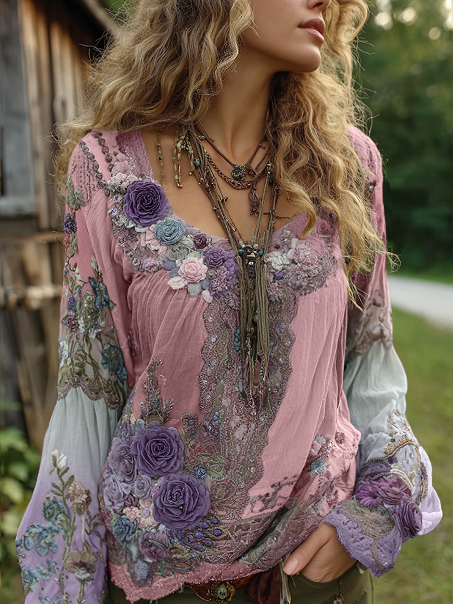 Vintage Purple Lavender And Floral Embroidered Linen Long Sleeve Shirt 0f8d