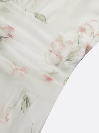 White Ruched Floral Chiffon Halter Neck Sleeveless A-Line Floor-length Gown Dress