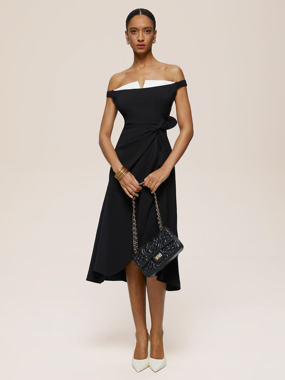 Black Off The Shoulder Sleeveless A-Line Midi Dress