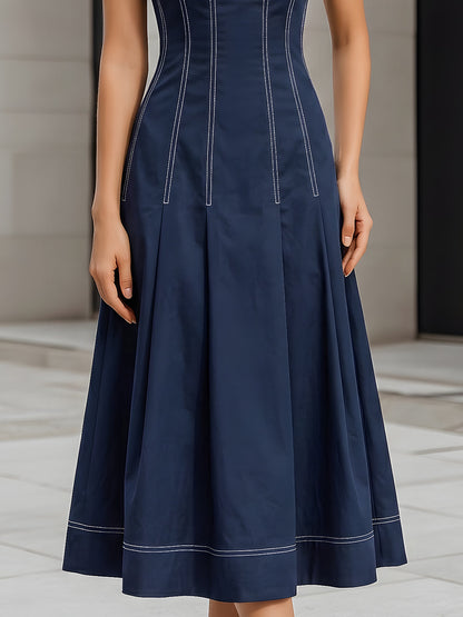 Contrast Stitch Sleeveless Square Neck Midi Fit-and-Flare Dress