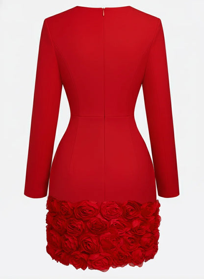 Red 3D Floral Classic V Neck Long Sleeve Sheath Mini Dress