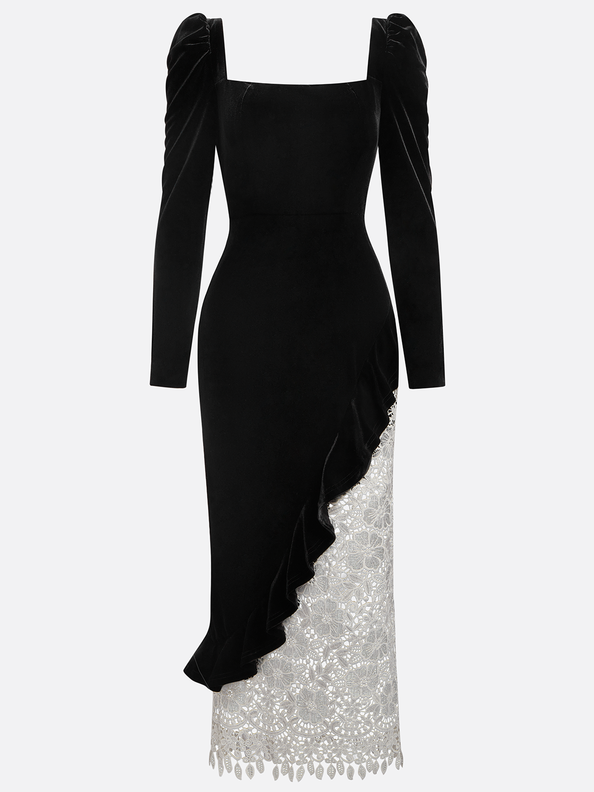 Black Lace Ruffled Velvet Square Neck Long Sleeve Sheath Midi Dress