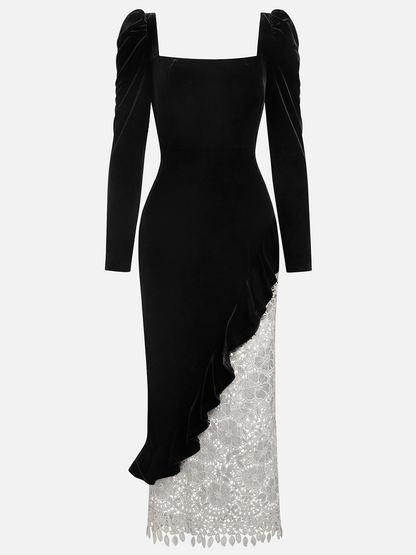 Black Lace Ruffled Velvet Square Neck Long Sleeve Sheath Midi Dress