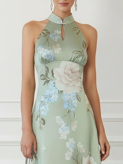 Light Green Floral Satin Mock Neck Sleeveless A-Line Maxi Dress