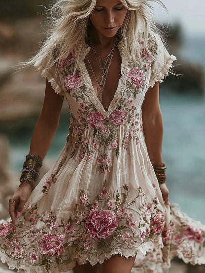 Women's Vintage Pink Rose Embroidery Art Comfy Linen Midi Dress