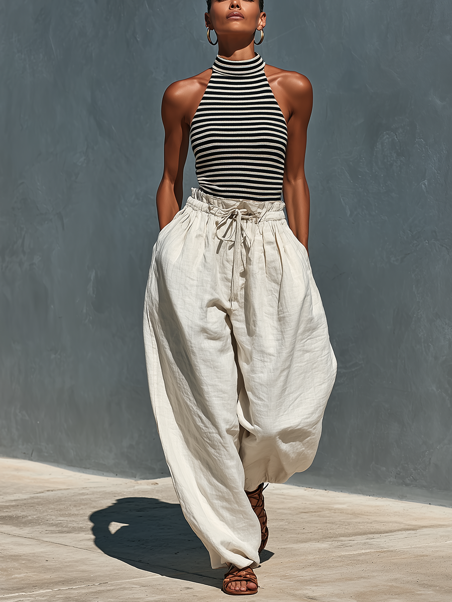 Women’s Black & White Striped Ribbed Knit Halter Top & Beige Linen Drawstring Wide-Leg Pants Two-Piece Set With Pockets MDZ2206D5T