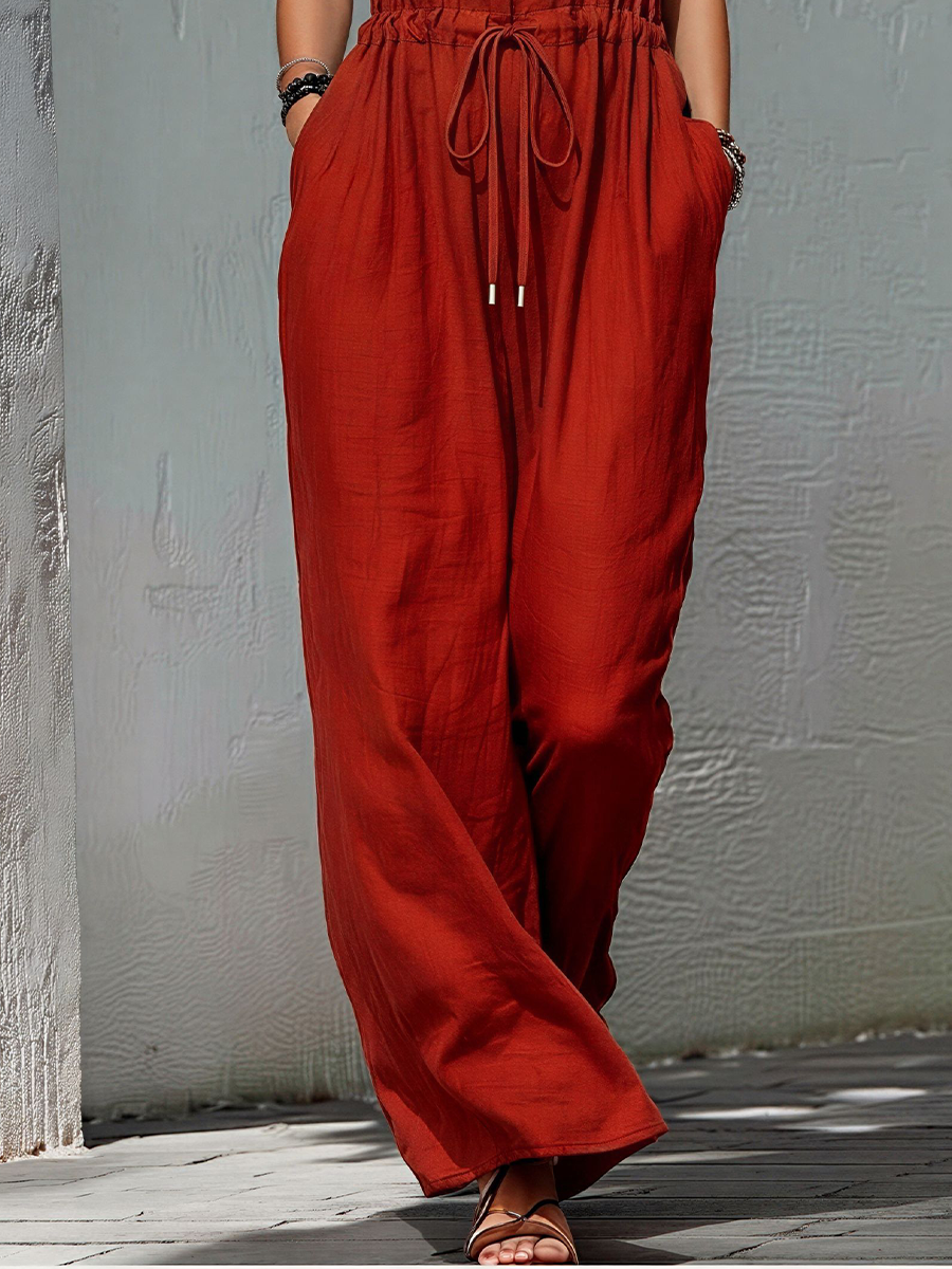 Women’s Rust Red Linen-Blend Halter Neck Drawstring Waist Wide-Leg Jumpsuit With Pockets MDZ2589D8T