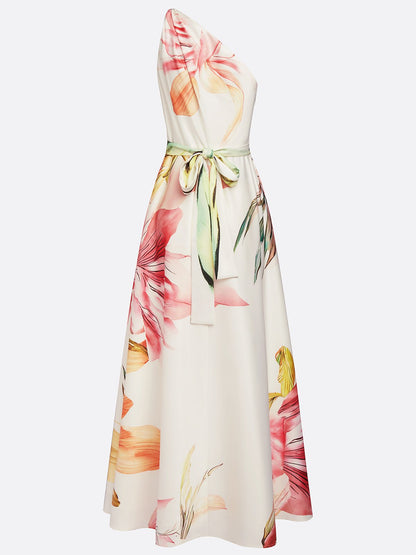 Romantic Floral Print One-Shoulder Garden Wedding Guest Dress