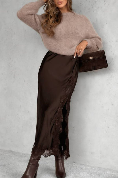 Hot Topic Chocolate Viscose Satin Midi Skirt with Lace