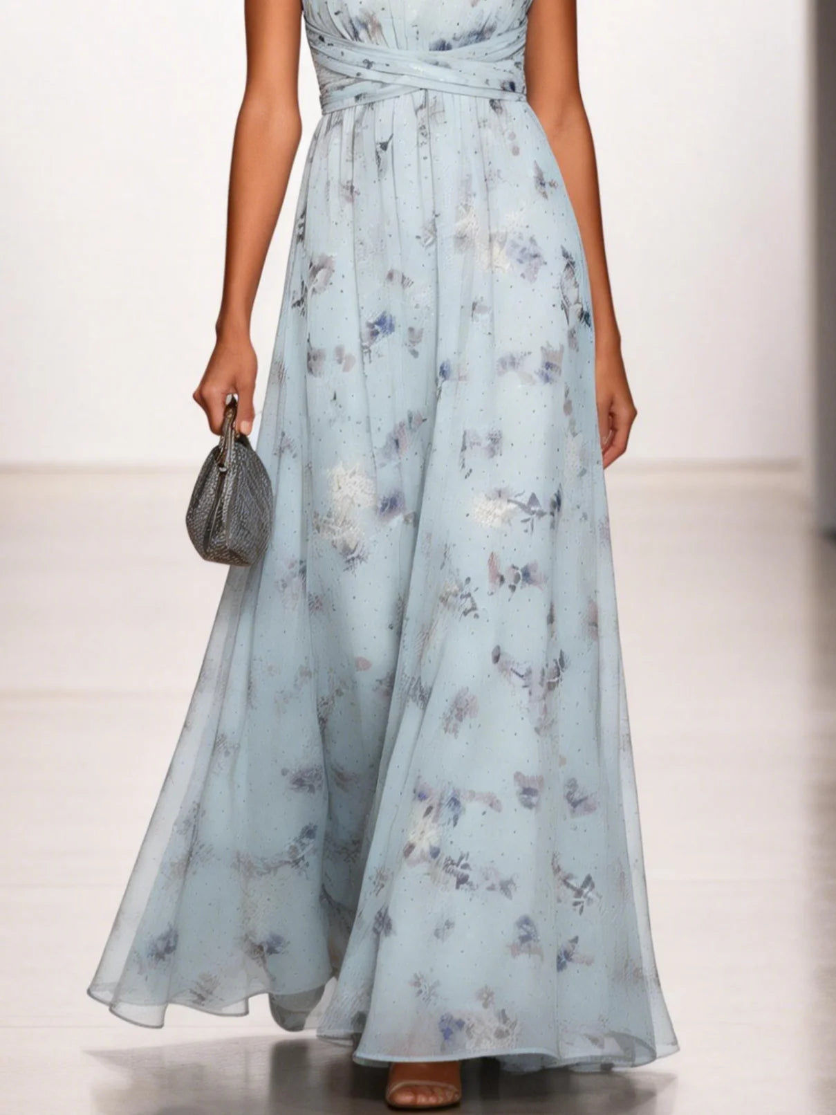 Light Blue Stamped Bronzing Jacquard Floral Chiffon Halter Sleeveless A-Line Maxi Dress
