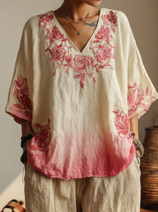 Vintage Pink Rose Gradient Froal Pattern Art Linen Shirts