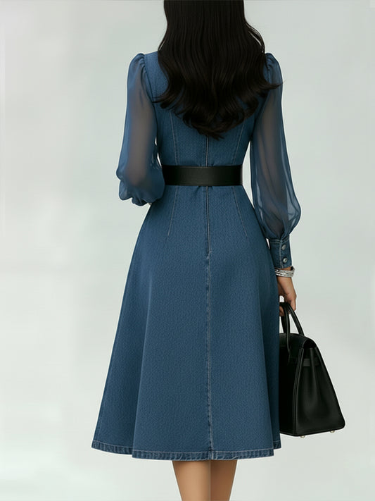 Stylish Denim Dress With Organza Sleeve Panels.