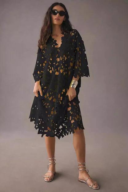 Casual loose beach vacation cover-up lace shirt dress
