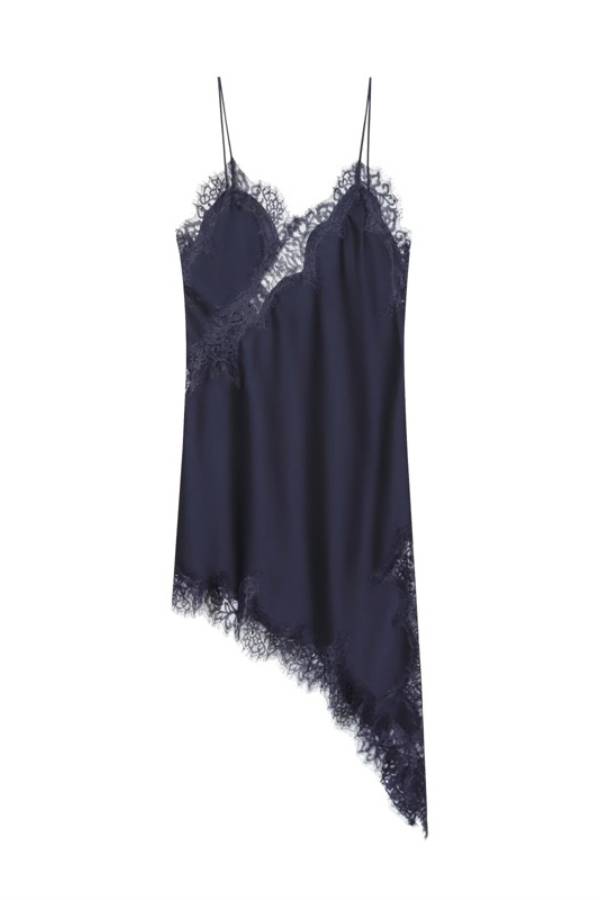 Lace-Paneled Satin Slip Dress with Asymmetrical Hem
