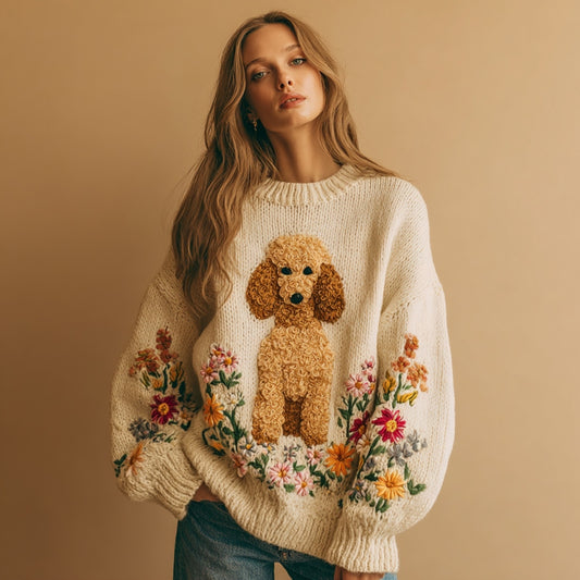 Vintage Fuzzy Dog Colorful Wildflower Embroidery Crochet Cozy Knit Sweater