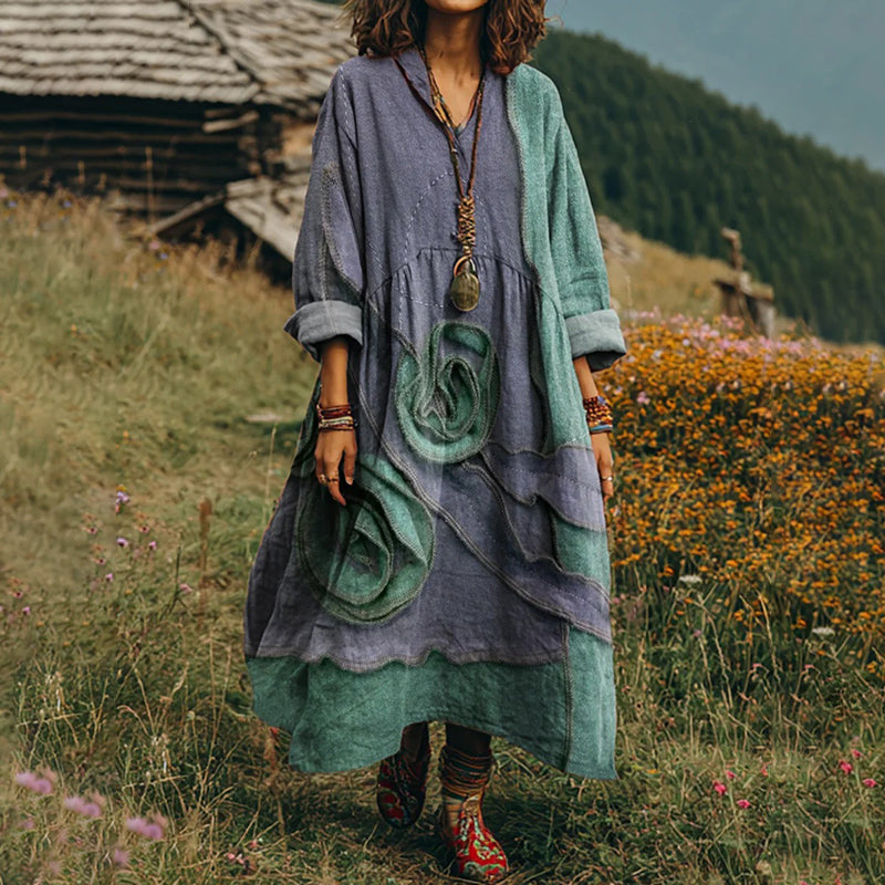 Women's Vintage Floral Art Print V-neck Long-sleeved Dress
