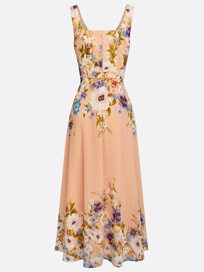 Apricot Floral Chiffon Square Neck Sleeveless A-Line Maxi Dress