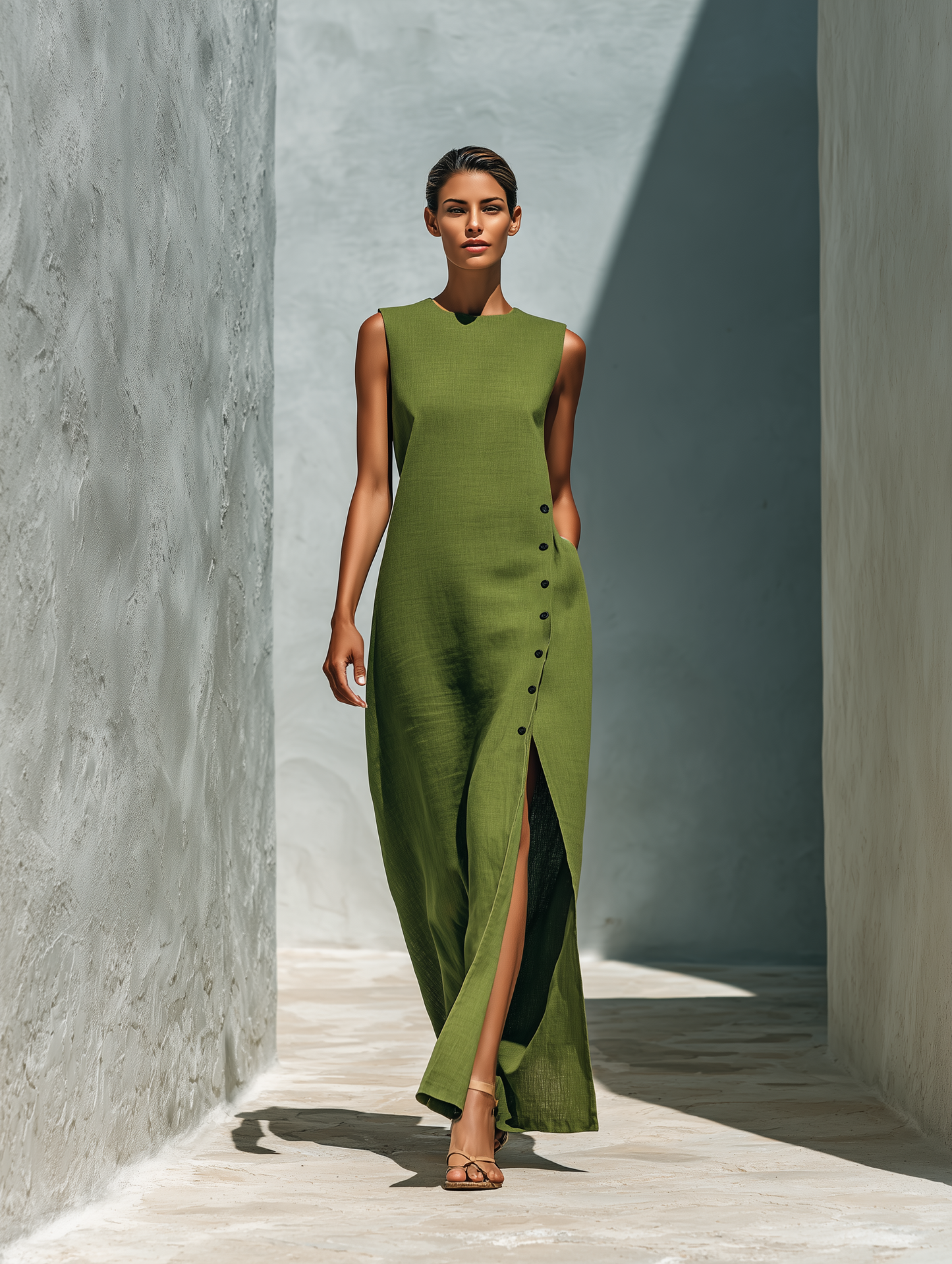 Women’s Olive Green Linen-Blend Sleeveless Round Neck Side Button Slit Maxi Dress With Pockets MDZ2188D7T