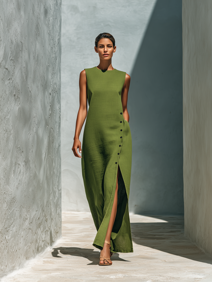 Women’s Olive Green Linen-Blend Sleeveless Round Neck Side Button Slit Maxi Dress With Pockets MDZ2188D7T
