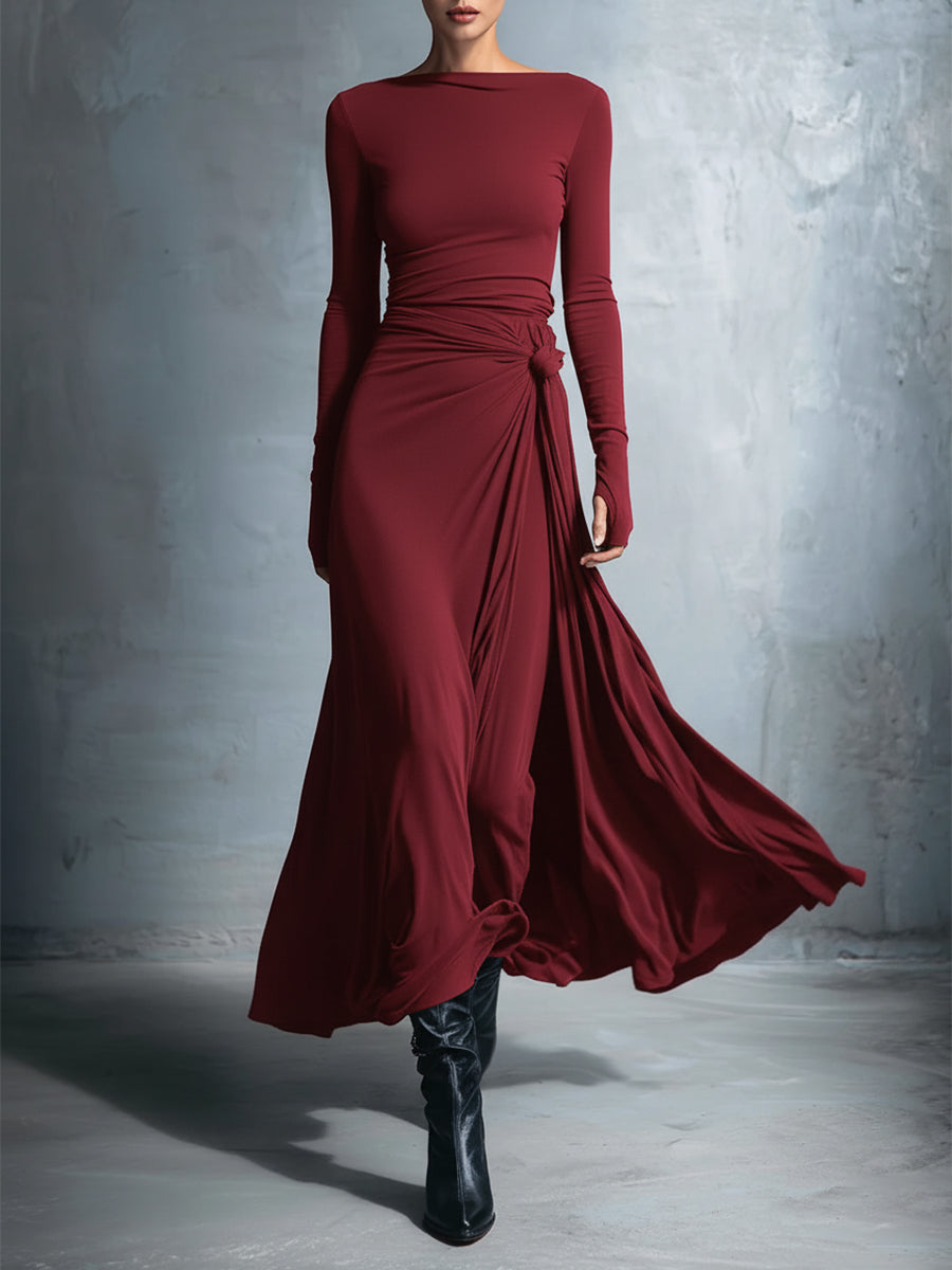 Women's Gray Exquisite Stretch Polyester-Cotton Blend Wrap Dress - Knotted Maxi Dress