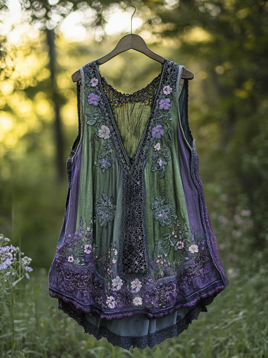 Boho Lavender Lace Art Linen Lace Patchwork Art  Sleeveless Tank Top f8ba