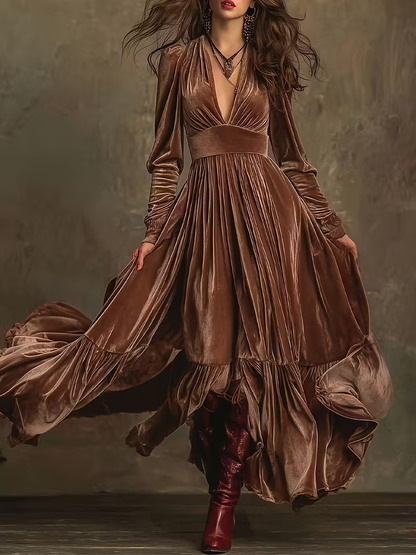 Retro Velvet V-neck Fitted Waist Maxi Dress