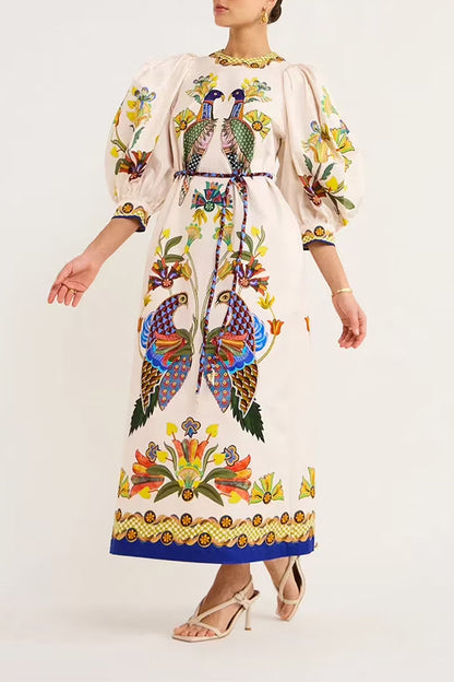 Garden Party Unique Heaven Bird Print Puff Sleeve Pocketed Loose Midi Dress