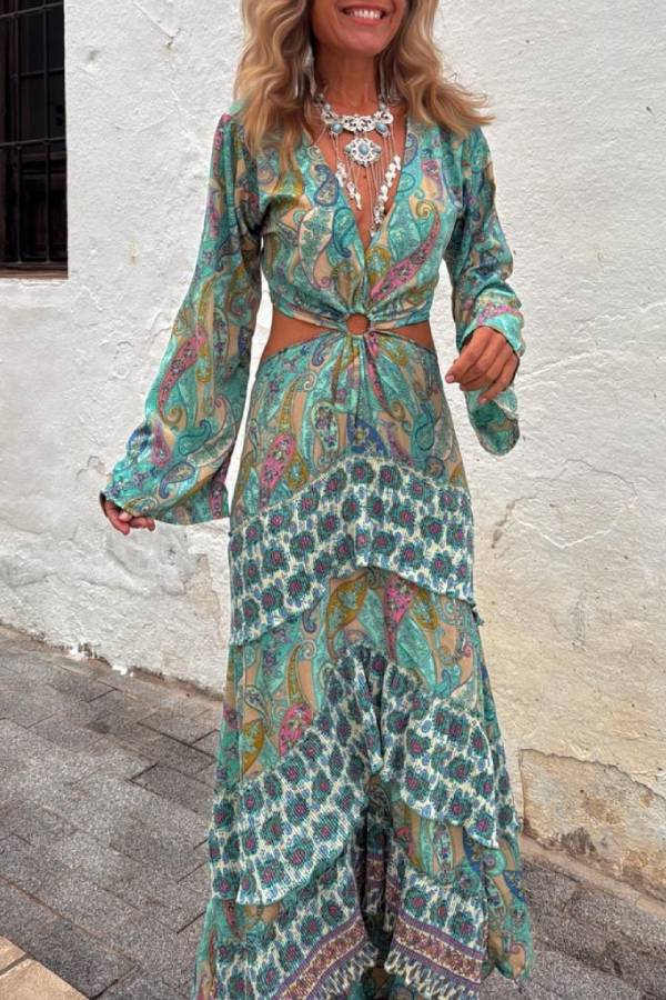 MONTANO ring dress, aqua green paisley