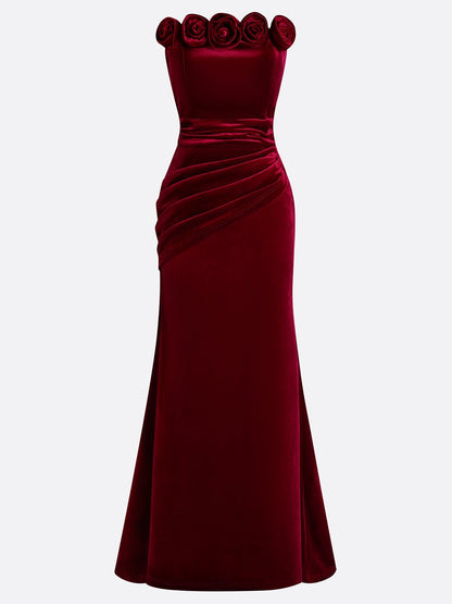 Wine Red 3D Floral Velvet Strapless Sleeveless Sheath Gown Dress
