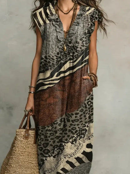 Women's Retro Pattern Art Print Casual Ruffled Stylish Cotton Linen Dress