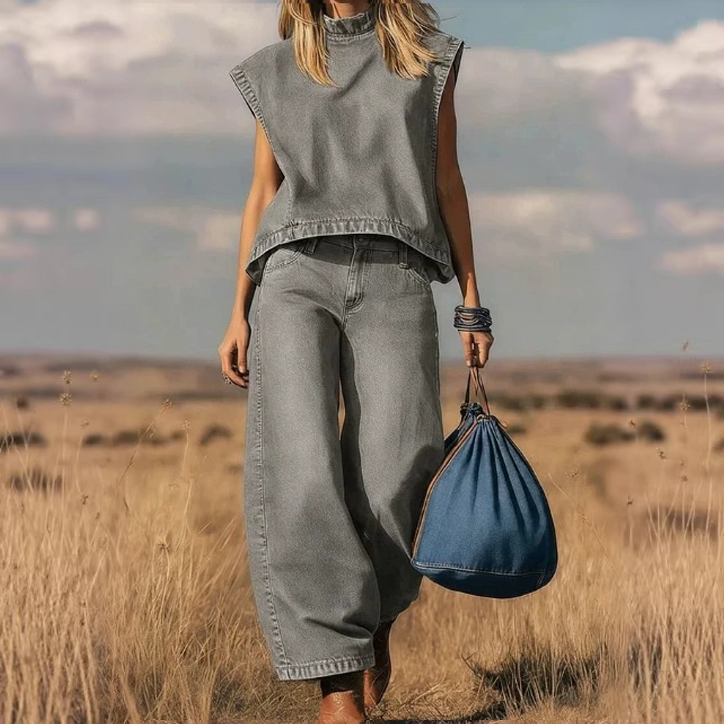 Retro Western-inspired Sleeveless Relaxed-fit Top Paired With High-waisted Wide-leg Jeans